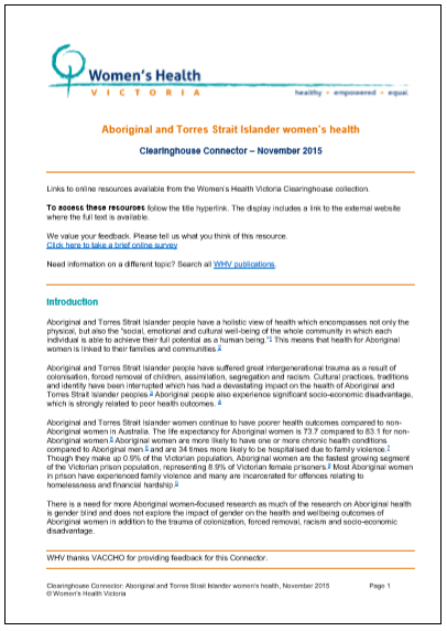 Aboriginal and Torres Strait Islander women s health Women s